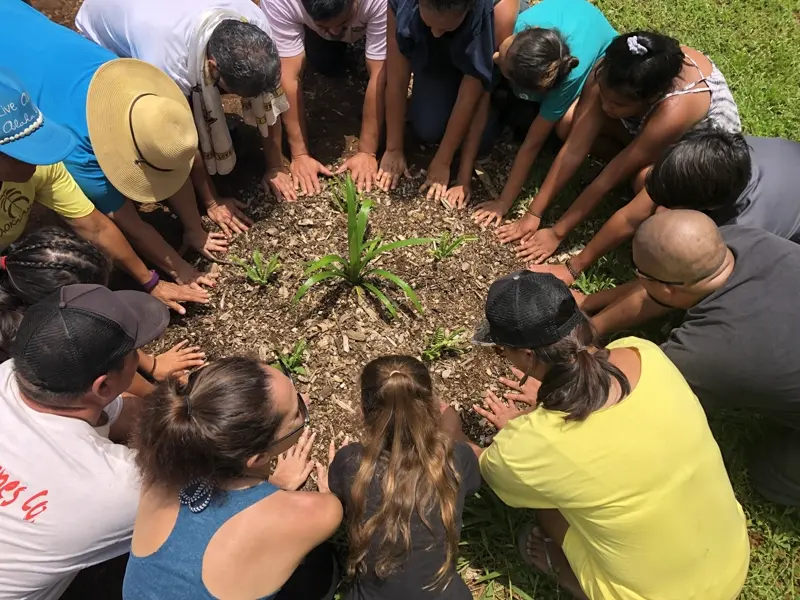 Youth and community members gathered around a young plant.